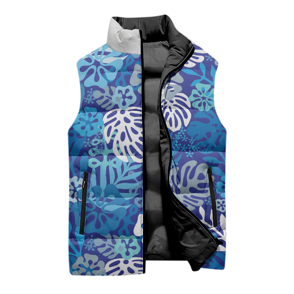 Blue Aloha Hawaiian Sleeveless Puffer Jacket Monstera Hibiscus Tropical Pattern