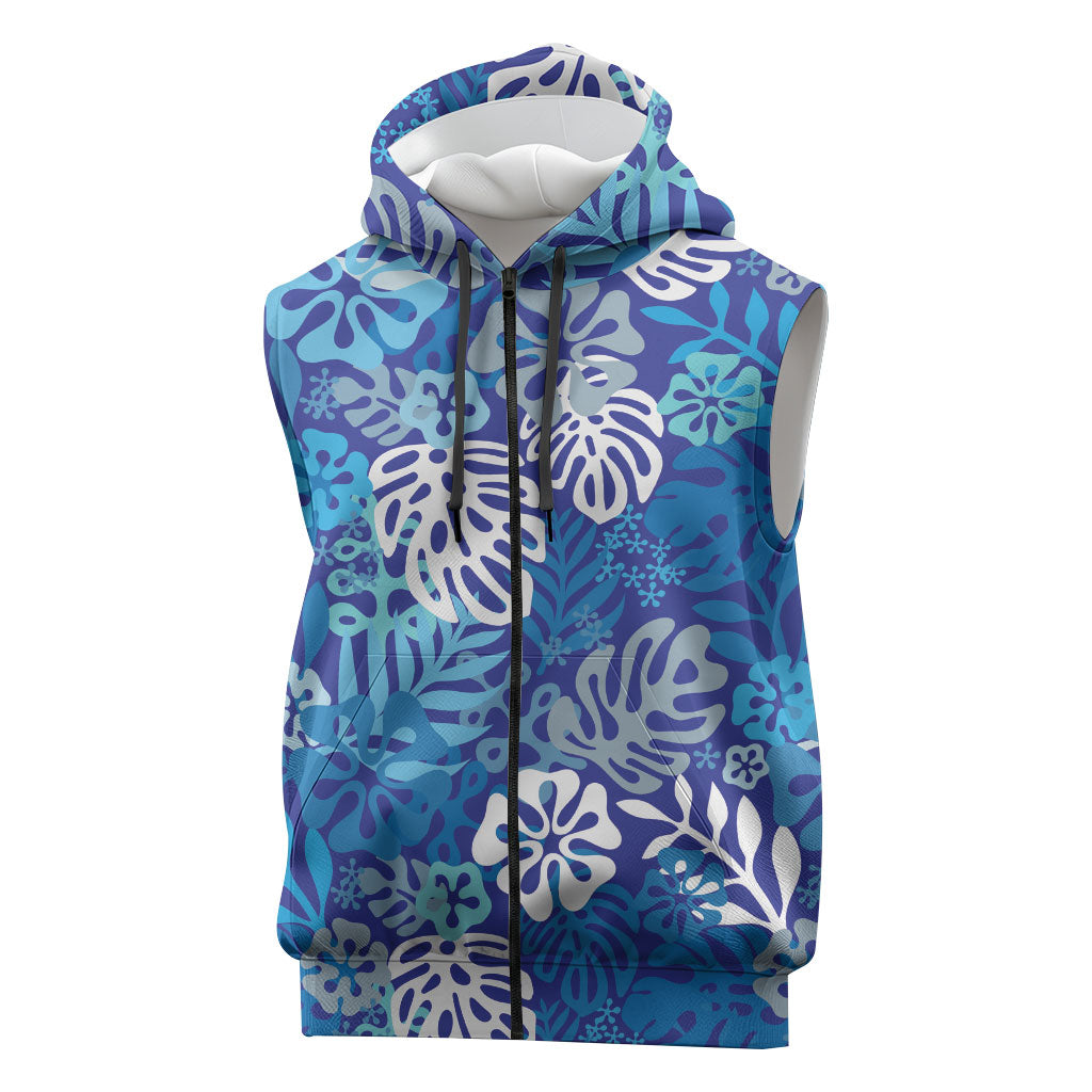 Blue Aloha Hawaiian Sleeveless Zip Hoodie Monstera Hibiscus Tropical Pattern
