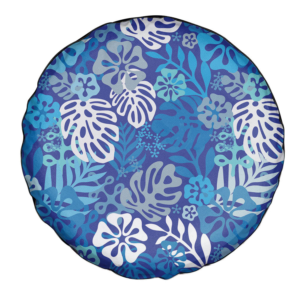 Blue Aloha Hawaiian Spare Tire Cover Monstera Hibiscus Tropical Pattern