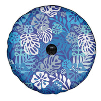 Blue Aloha Hawaiian Spare Tire Cover Monstera Hibiscus Tropical Pattern