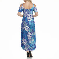 Blue Aloha Hawaiian Summer Maxi Dress Monstera Hibiscus Tropical Pattern