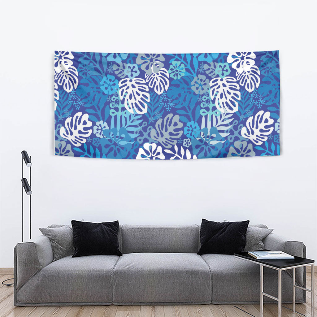 Blue Aloha Hawaiian Tapestry Monstera Hibiscus Tropical Pattern