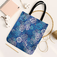 Blue Aloha Hawaiian Tote Bag Monstera Hibiscus Tropical Pattern