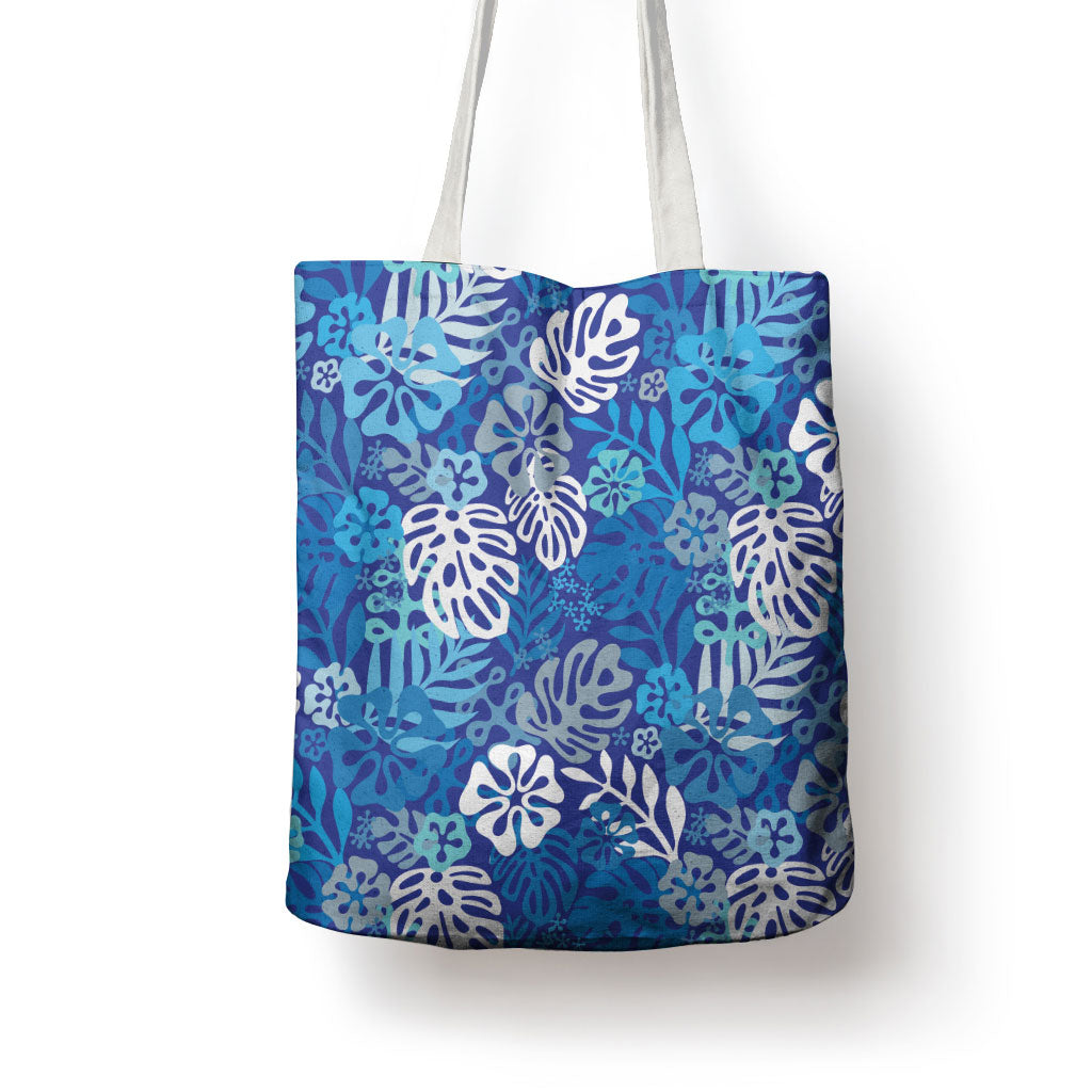 Blue Aloha Hawaiian Tote Bag Monstera Hibiscus Tropical Pattern