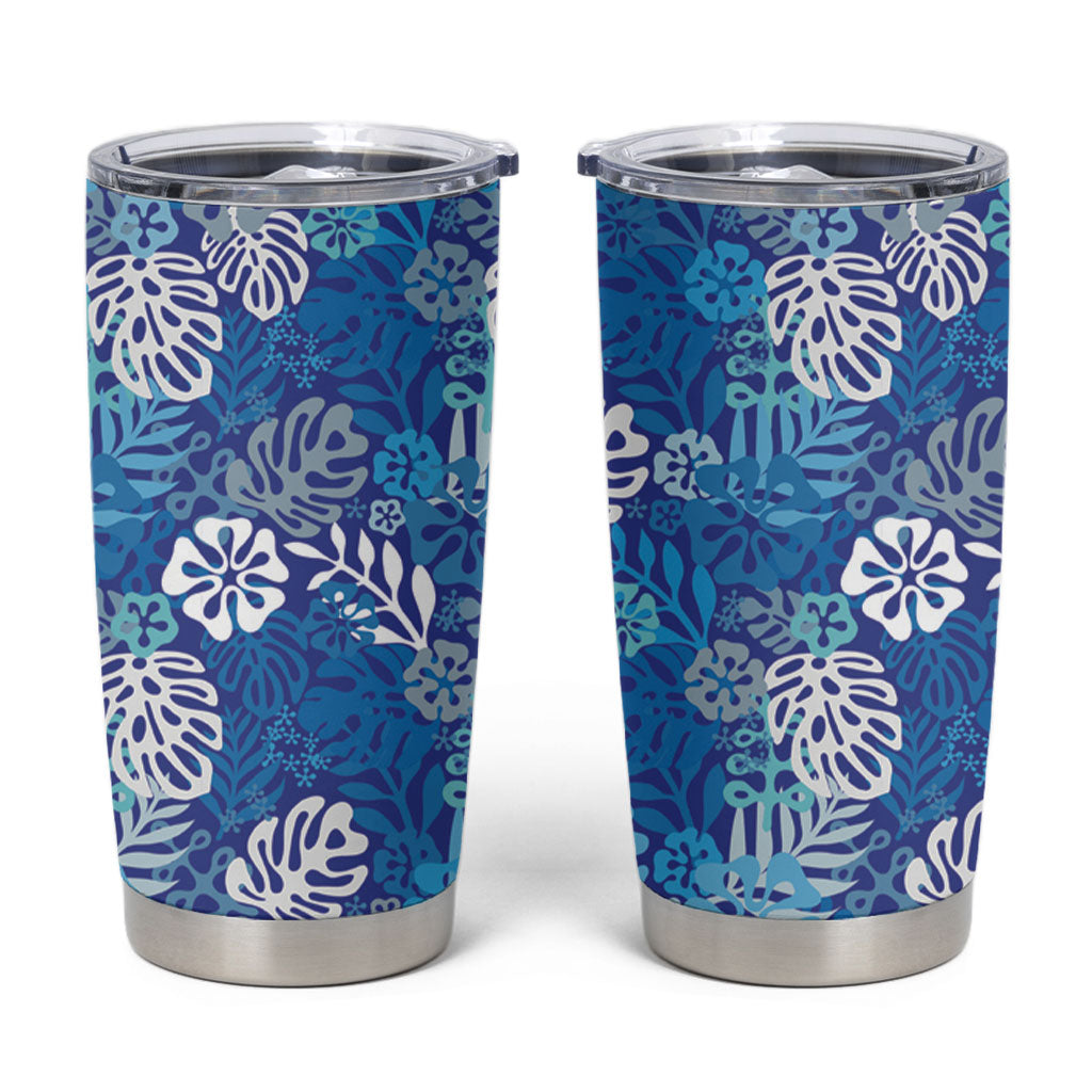 Blue Aloha Hawaiian Tumbler Cup Monstera Hibiscus Tropical Pattern