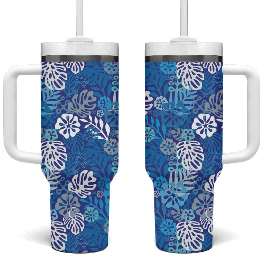 Blue Aloha Hawaiian Tumbler With Handle Monstera Hibiscus Tropical Pattern