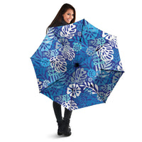 Blue Aloha Hawaiian Umbrella Monstera Hibiscus Tropical Pattern