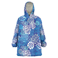 Blue Aloha Hawaiian Wearable Blanket Hoodie Monstera Hibiscus Tropical Pattern