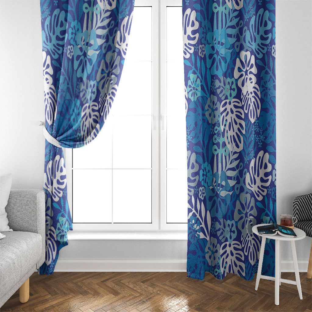 Blue Aloha Hawaiian Window Curtain Monstera Hibiscus Tropical Pattern