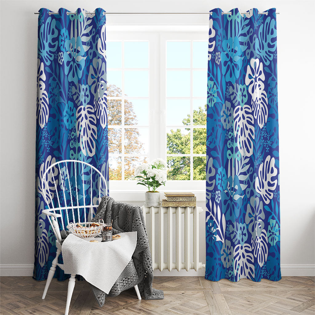 Blue Aloha Hawaiian Window Curtain Monstera Hibiscus Tropical Pattern