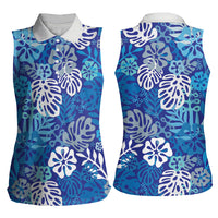 Blue Aloha Hawaiian Women Sleeveless Polo Shirt Monstera Hibiscus Tropical Pattern