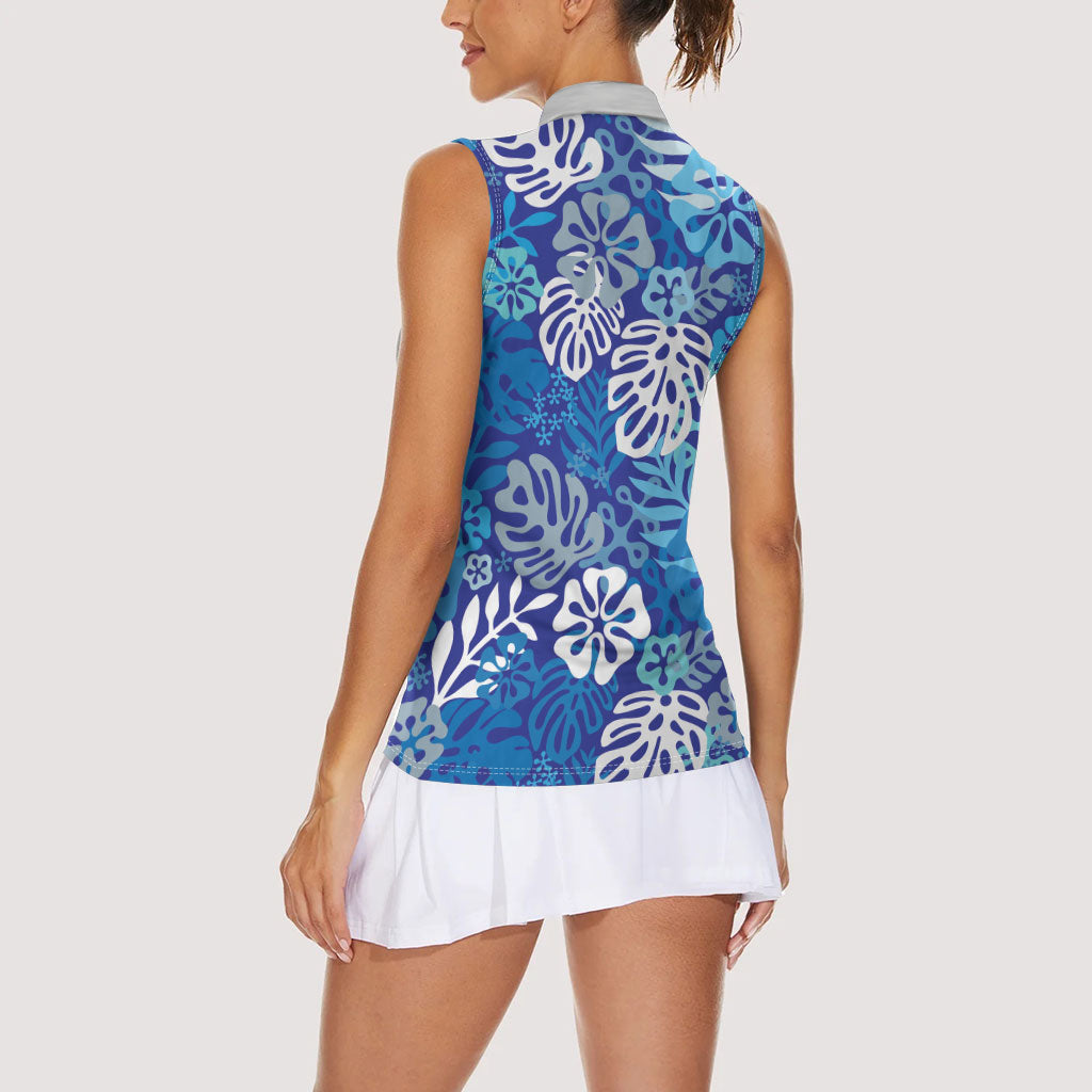 Blue Aloha Hawaiian Women Sleeveless Polo Shirt Monstera Hibiscus Tropical Pattern