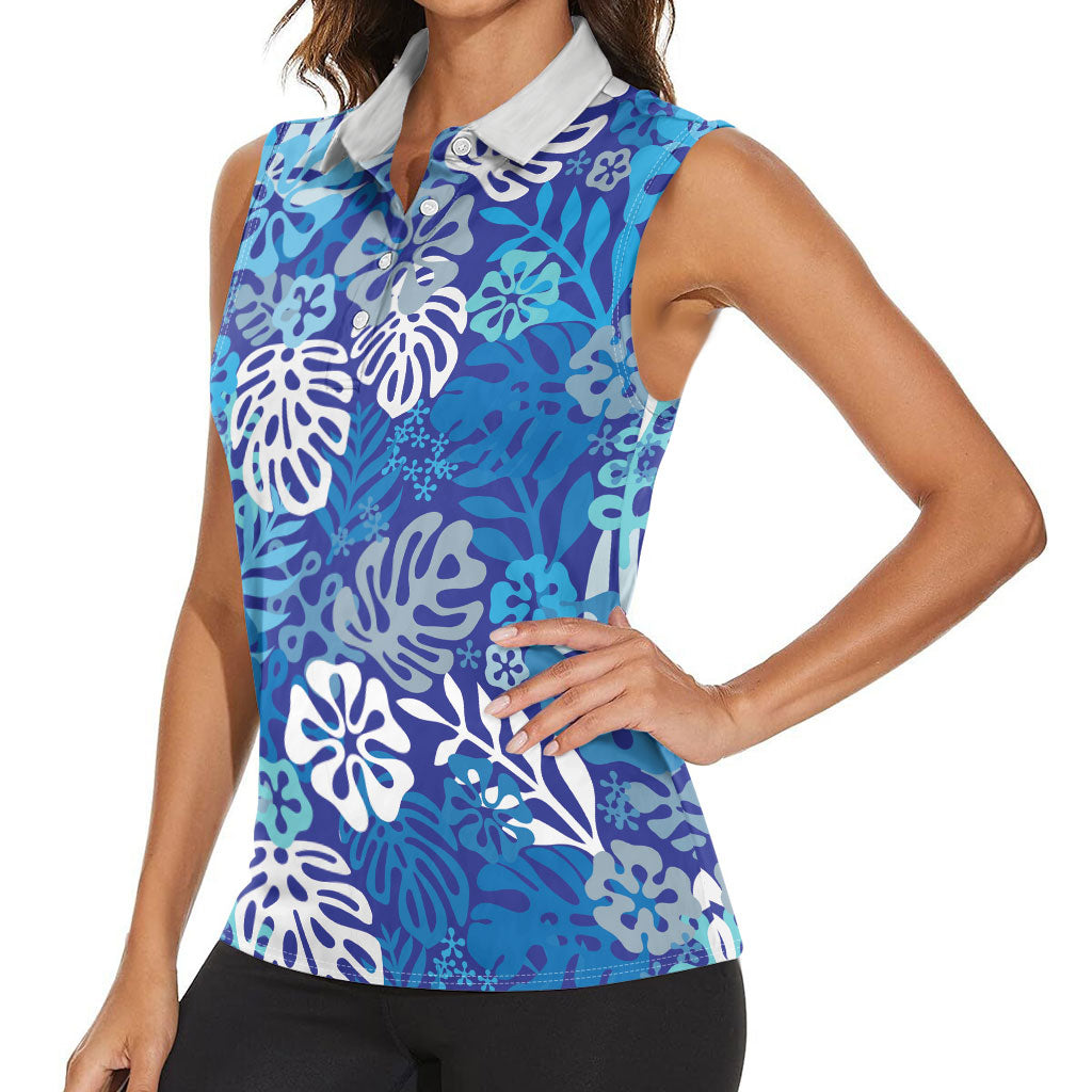 Blue Aloha Hawaiian Women Sleeveless Polo Shirt Monstera Hibiscus Tropical Pattern
