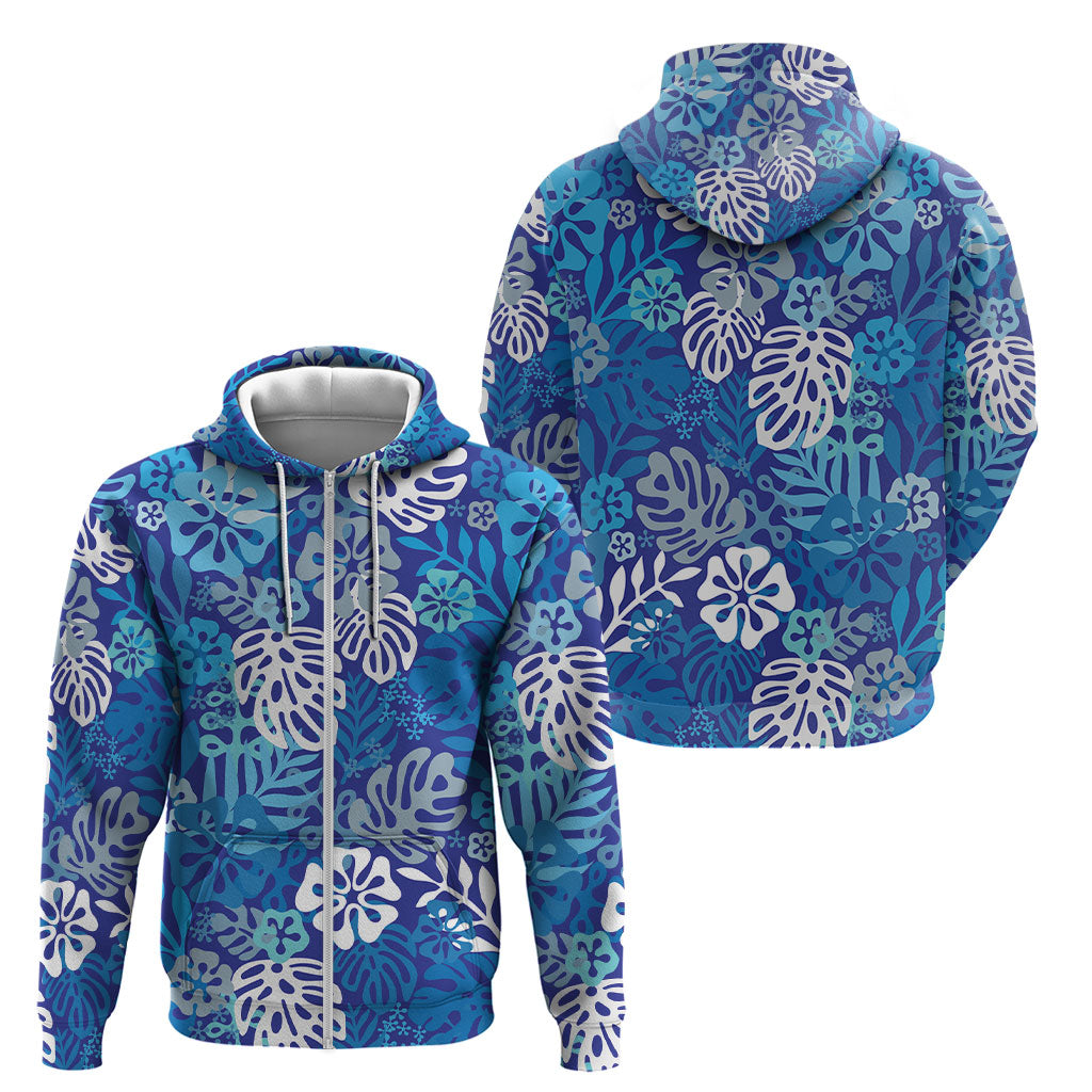 Blue Aloha Hawaiian Zip Hoodie Monstera Hibiscus Tropical Pattern