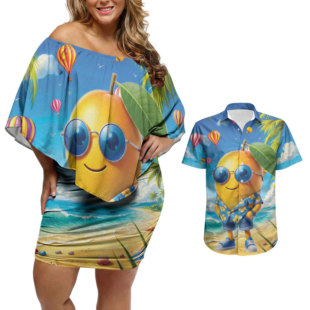Funny Hawaii Mango Couples Matching Off Shoulder Short Dress and Hawaiian Shirt Tropical Summer Beach Mascot Vacation LT19 Blue - Polynesian Pride