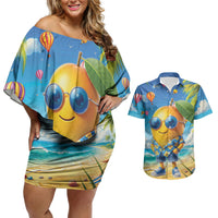 Funny Hawaii Mango Couples Matching Off Shoulder Short Dress and Hawaiian Shirt Tropical Summer Beach Mascot Vacation LT19 Blue - Polynesian Pride
