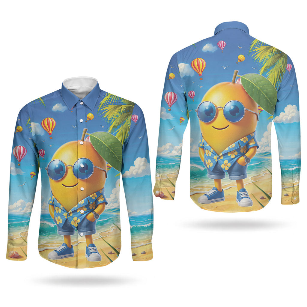 Funny Hawaii Mango Couples Matching Off The Shoulder Long Sleeve Dress and Long Sleeve Button Shirt Tropical Summer Beach Mascot Vacation