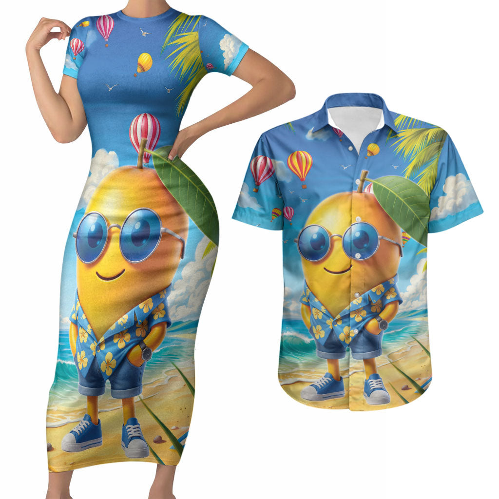Funny Hawaii Mango Couples Matching Short Sleeve Bodycon Dress and Hawaiian Shirt Tropical Summer Beach Mascot Vacation LT19 Blue - Polynesian Pride