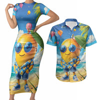 Funny Hawaii Mango Couples Matching Short Sleeve Bodycon Dress and Hawaiian Shirt Tropical Summer Beach Mascot Vacation LT19 Blue - Polynesian Pride