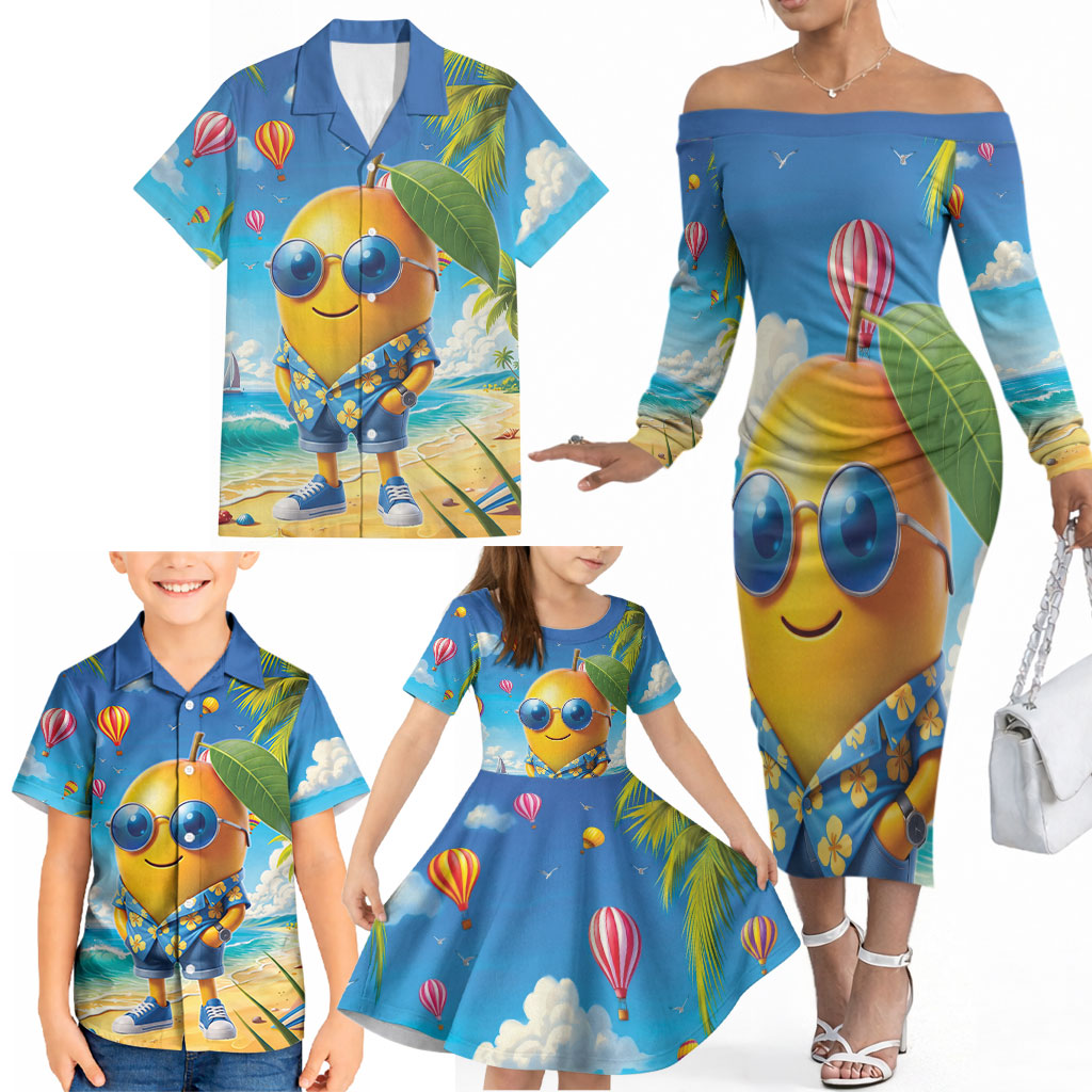 Funny Hawaii Mango Family Matching Off The Shoulder Long Sleeve Dress and Hawaiian Shirt Tropical Summer Beach Mascot Vacation LT19 - Polynesian Pride