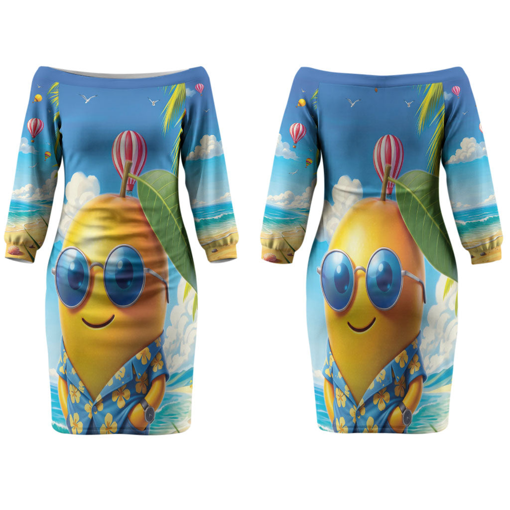 Funny Hawaii Mango Family Matching Off The Shoulder Long Sleeve Dress and Hawaiian Shirt Tropical Summer Beach Mascot Vacation LT19 Mom's Dress Blue - Polynesian Pride
