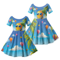 Funny Hawaii Mango Family Matching Off The Shoulder Long Sleeve Dress and Hawaiian Shirt Tropical Summer Beach Mascot Vacation LT19 Daughter's Dress Blue - Polynesian Pride