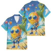 Funny Hawaii Mango Family Matching Off Shoulder Maxi Dress and Hawaiian Shirt Tropical Summer Beach Mascot Vacation LT19 Dad's Shirt - Short Sleeve Blue - Polynesian Pride