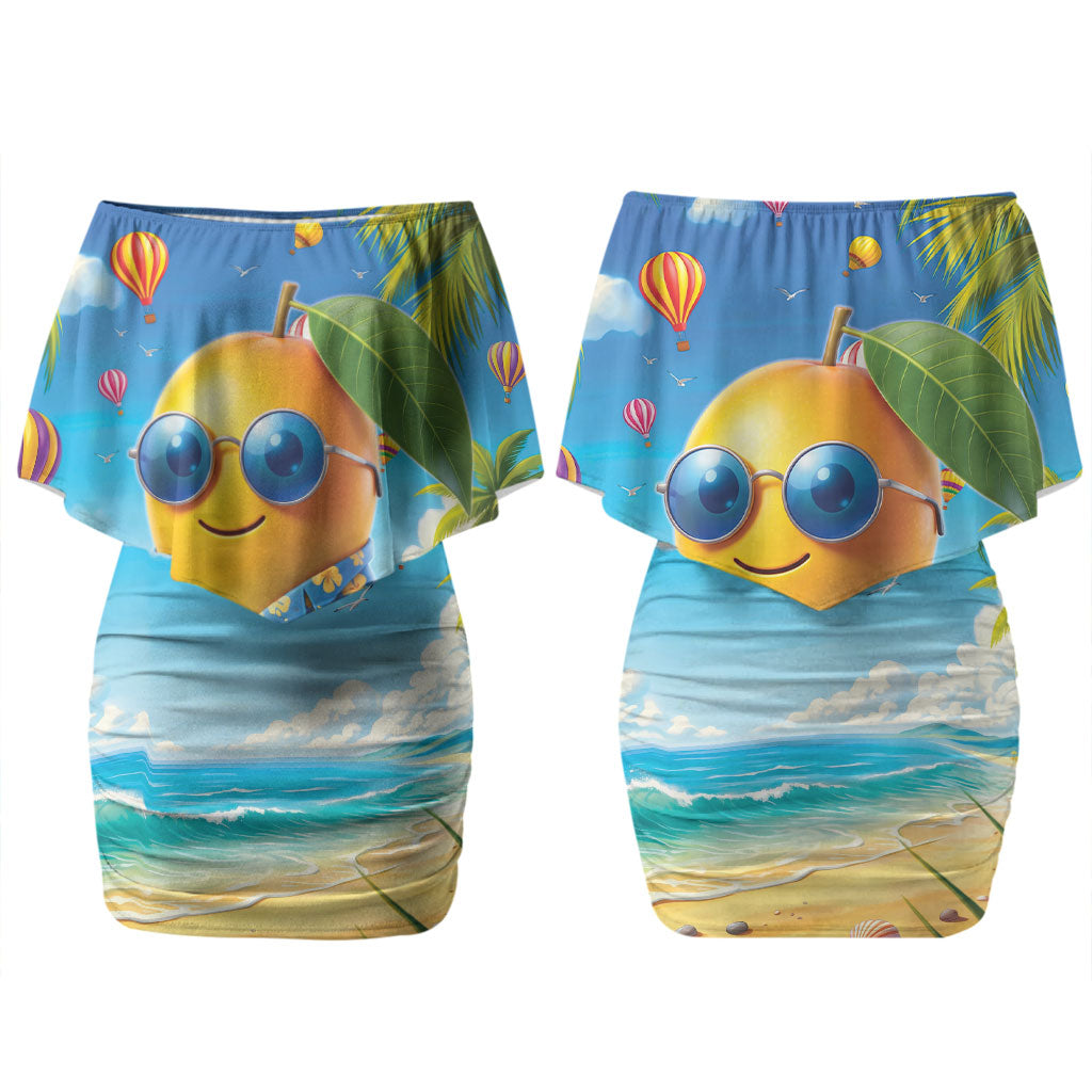 Funny Hawaii Mango Family Matching Off Shoulder Short Dress and Hawaiian Shirt Tropical Summer Beach Mascot Vacation LT19 Mom's Dress Blue - Polynesian Pride