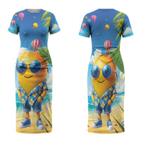 Funny Hawaii Mango Family Matching Short Sleeve Bodycon Dress and Hawaiian Shirt Tropical Summer Beach Mascot Vacation LT19 Mom's Dress Blue - Polynesian Pride