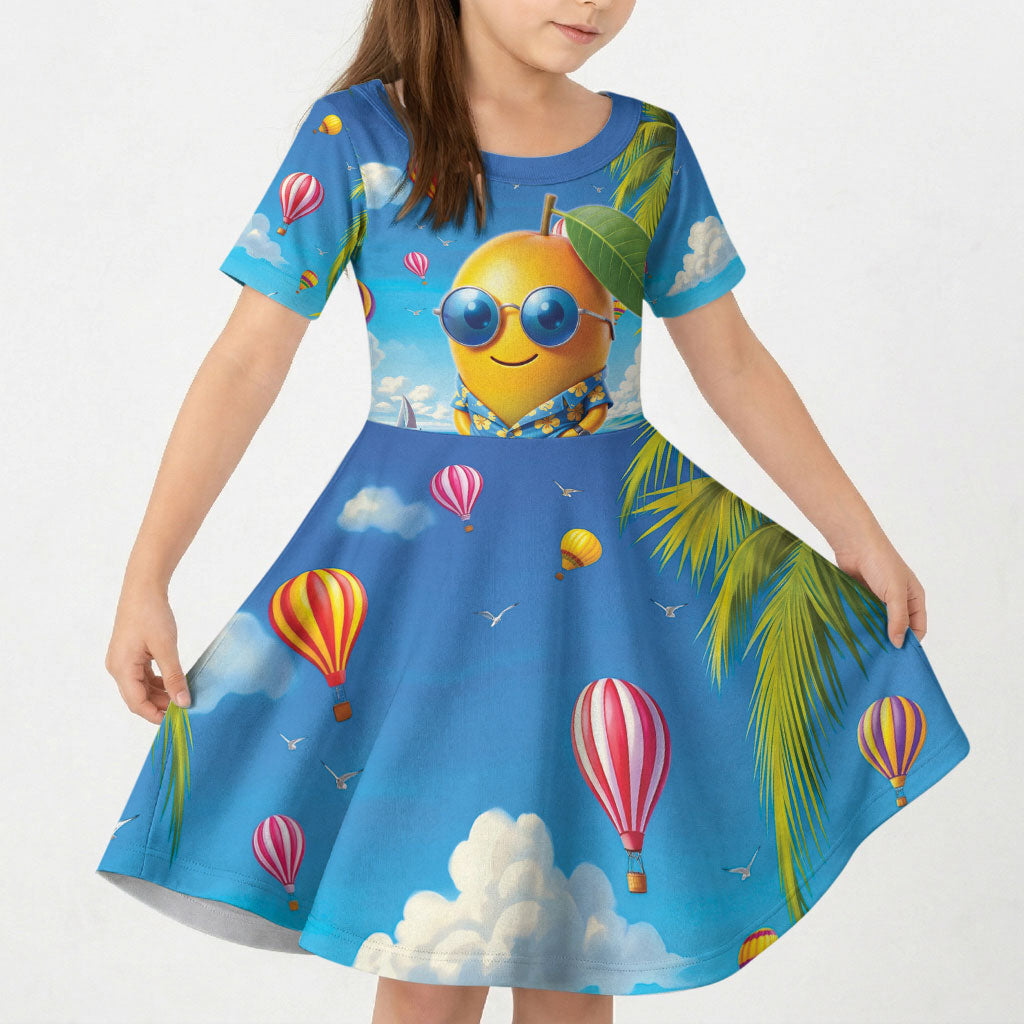 Funny Hawaii Mango Kid Short Sleeve Dress Tropical Summer Beach Mascot Vacation