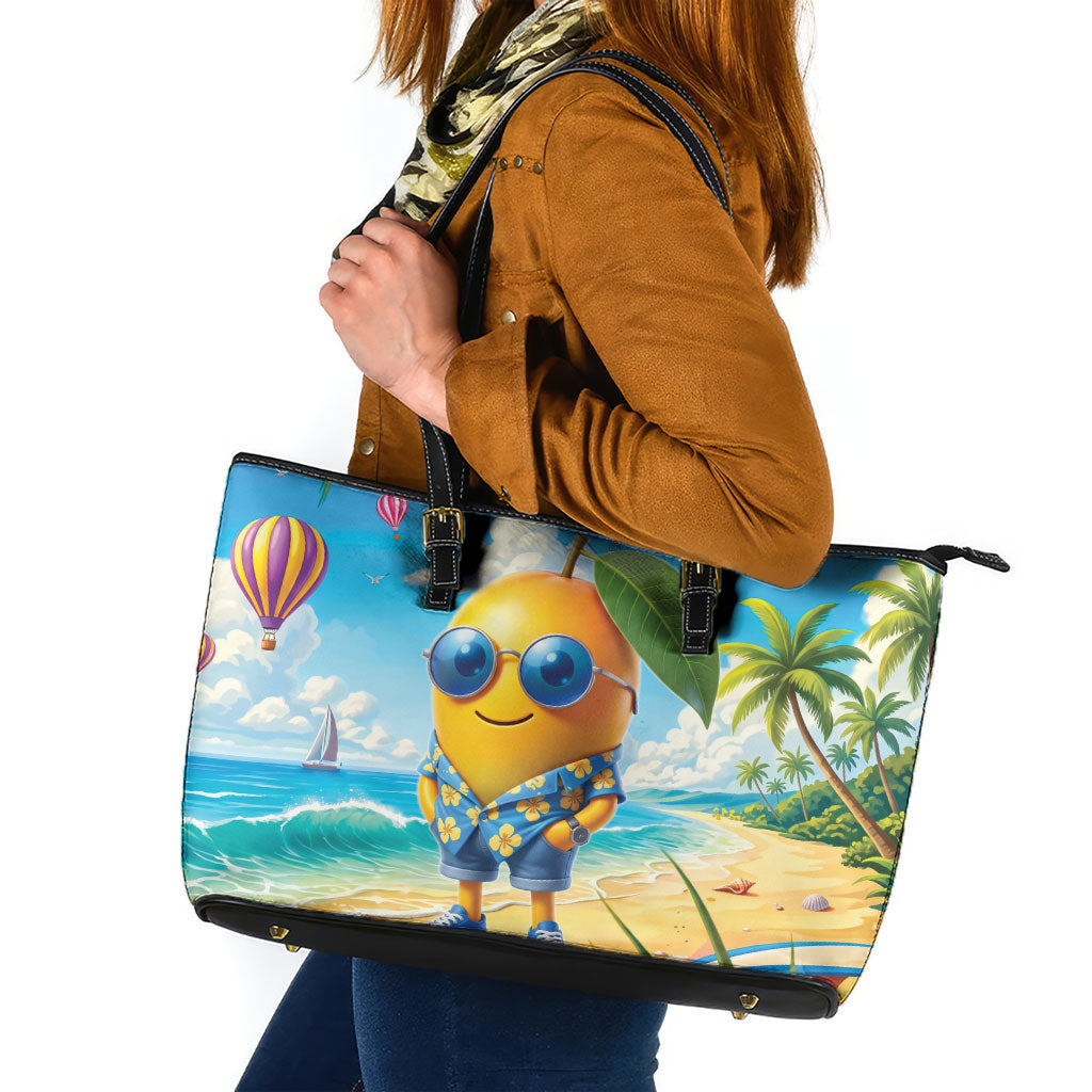 Funny Hawaii Mango Leather Tote Bag Tropical Summer Beach Mascot Vacation