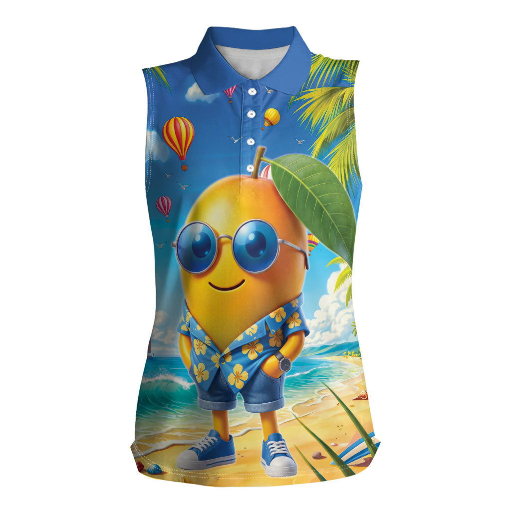 Funny Hawaii Mango Women Sleeveless Polo Shirt Tropical Summer Beach Mascot Vacation LT19 Female Blue - Polynesian Pride
