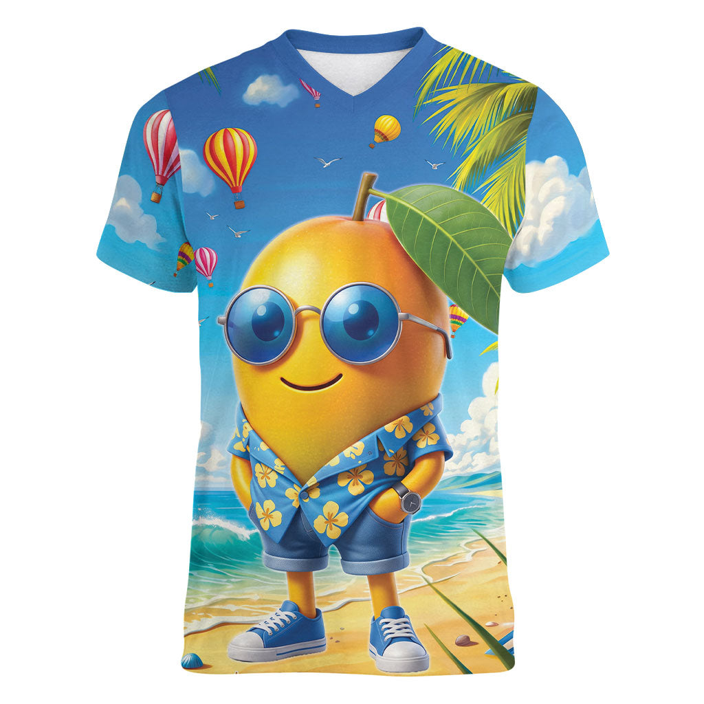 Funny Hawaii Mango Women V-Neck T-Shirt Tropical Summer Beach Mascot Vacation