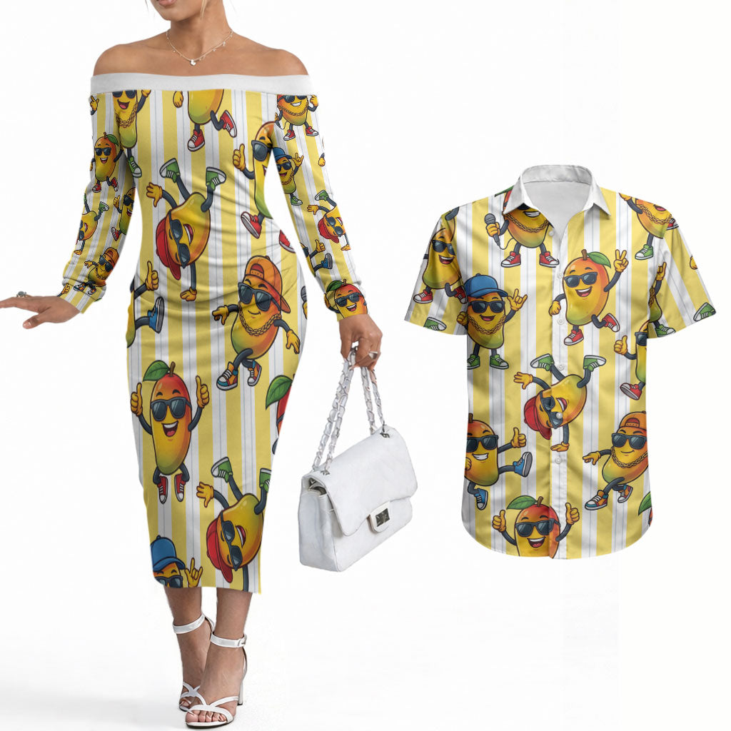 Funny Hawaii Mango Hip Hop Cartoon Couples Matching Off The Shoulder Long Sleeve Dress and Hawaiian Shirt Summer Beach Party LT19 Yellow - Polynesian Pride
