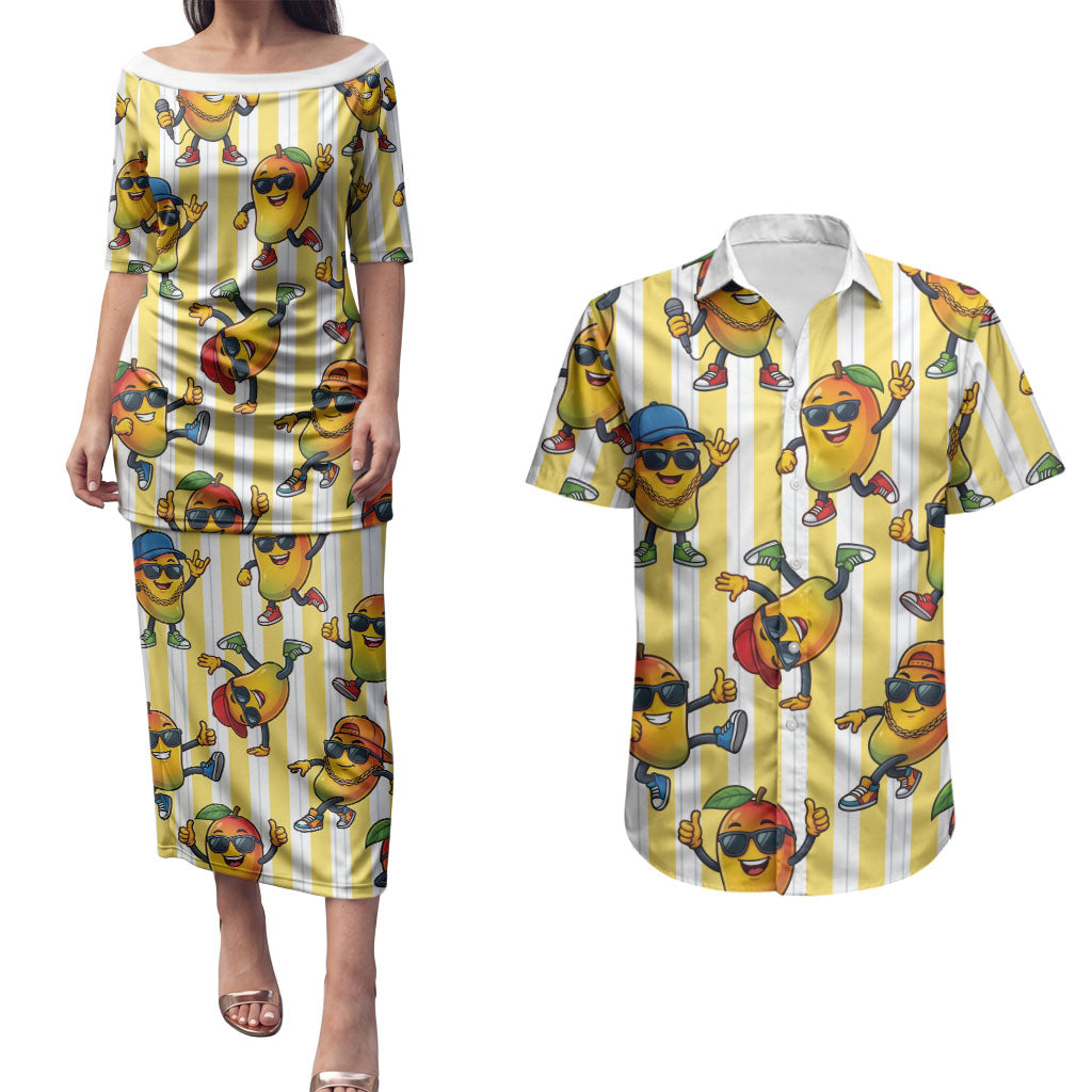 Funny Hawaii Mango Hip Hop Cartoon Couples Matching Puletasi and Hawaiian Shirt Summer Beach Party