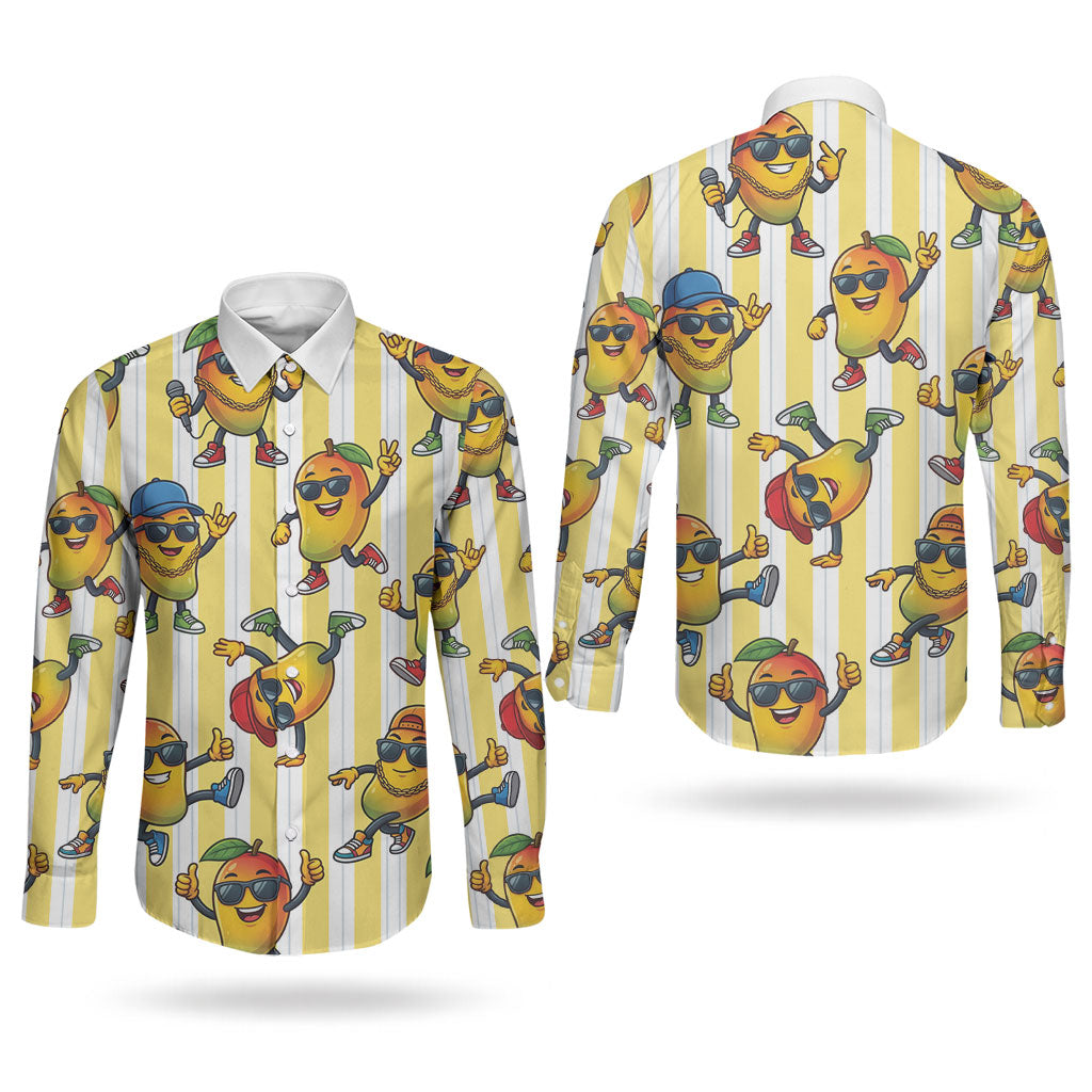 Funny Hawaii Mango Hip Hop Cartoon Couples Matching Summer Maxi Dress and Long Sleeve Button Shirt Summer Beach Party