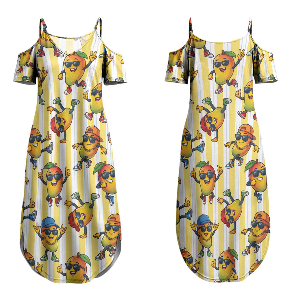 Funny Hawaii Mango Hip Hop Cartoon Couples Matching Summer Maxi Dress and Long Sleeve Button Shirt Summer Beach Party