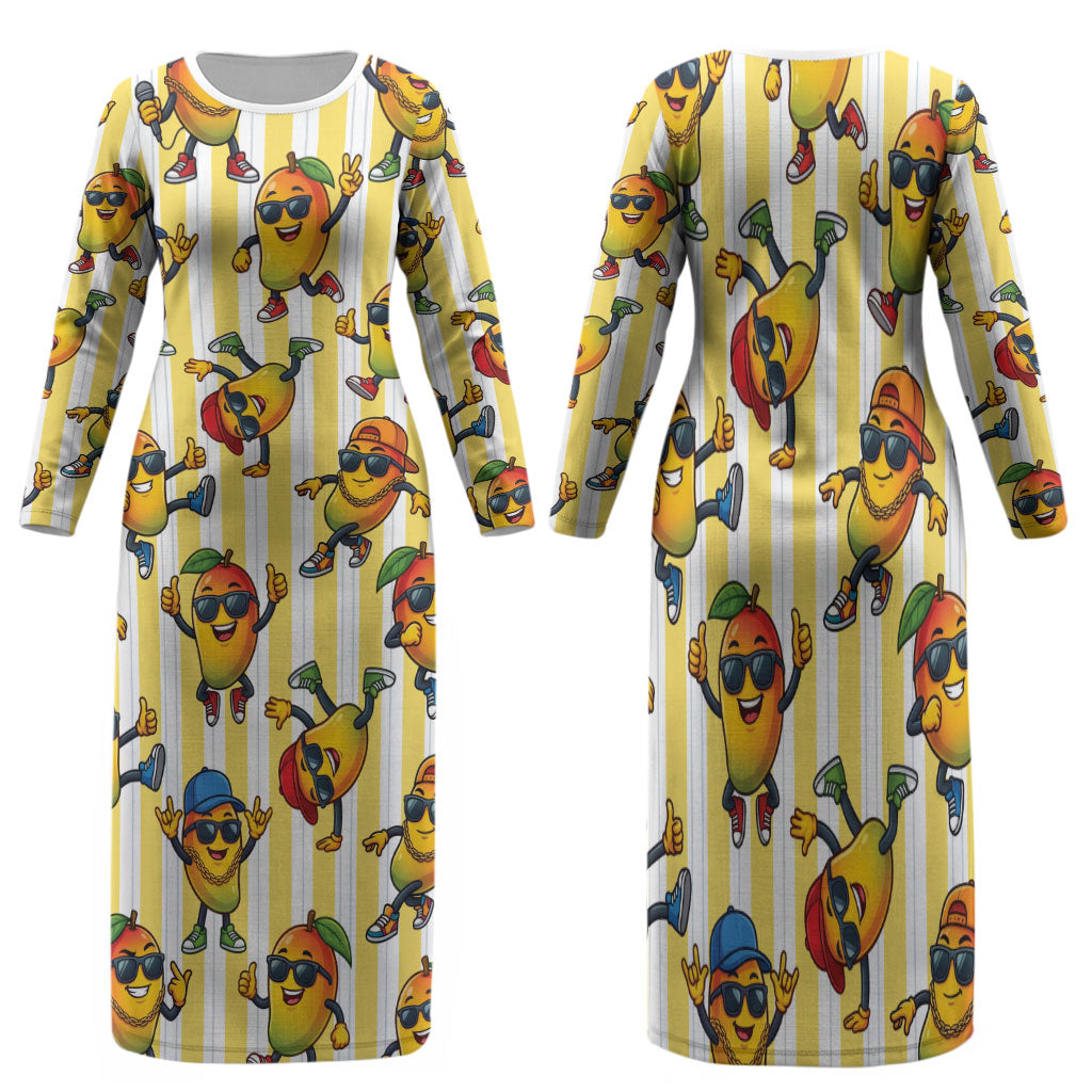 Funny Hawaii Mango Hip Hop Cartoon Family Matching Long Sleeve Bodycon Dress and Hawaiian Shirt Summer Beach Party LT19 Mom's Dress Yellow - Polynesian Pride