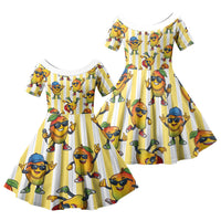 Funny Hawaii Mango Hip Hop Cartoon Family Matching Long Sleeve Bodycon Dress and Hawaiian Shirt Summer Beach Party LT19 Daughter's Dress Yellow - Polynesian Pride