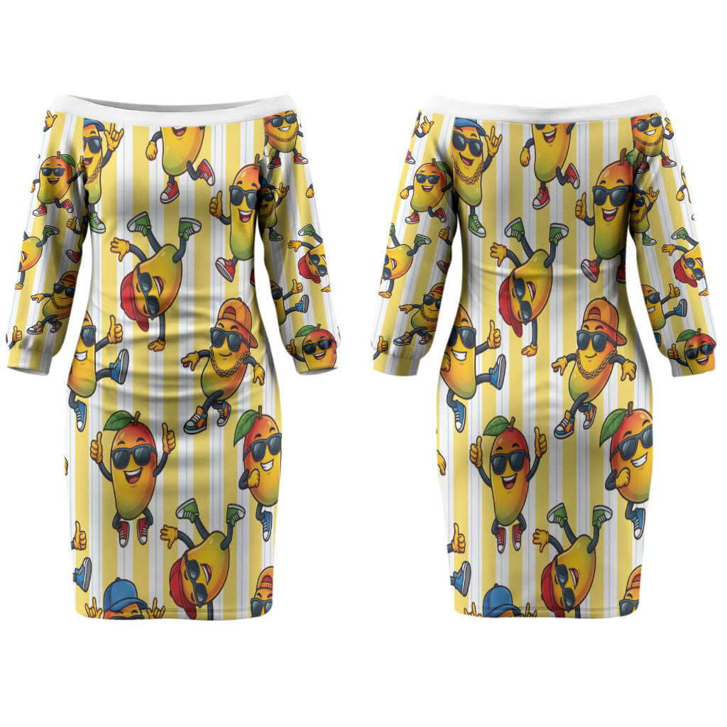 Funny Hawaii Mango Hip Hop Cartoon Family Matching Off The Shoulder Long Sleeve Dress and Hawaiian Shirt Summer Beach Party LT19 Mom's Dress Yellow - Polynesian Pride
