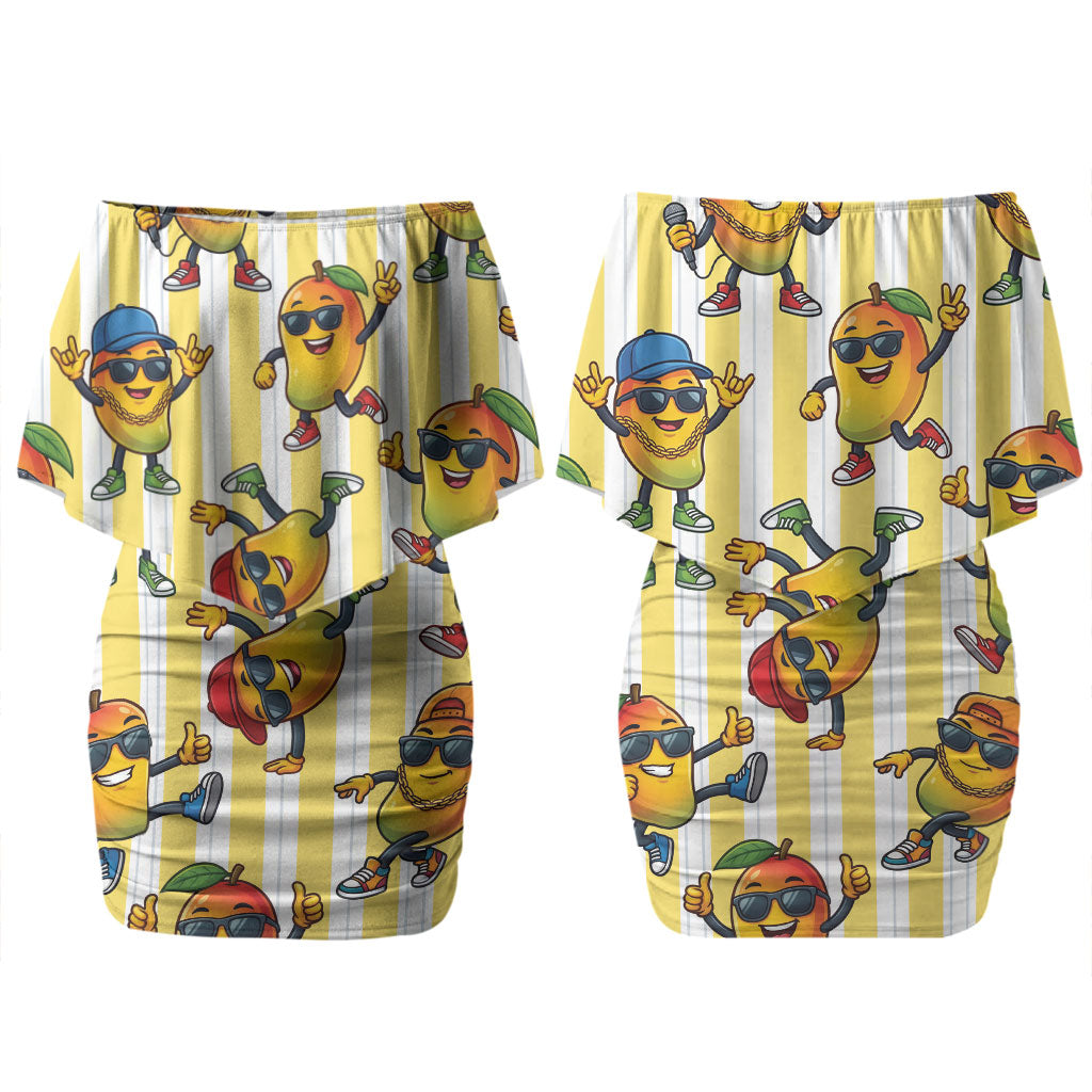 Funny Hawaii Mango Hip Hop Cartoon Family Matching Off Shoulder Short Dress and Hawaiian Shirt Summer Beach Party LT19 Mom's Dress Yellow - Polynesian Pride