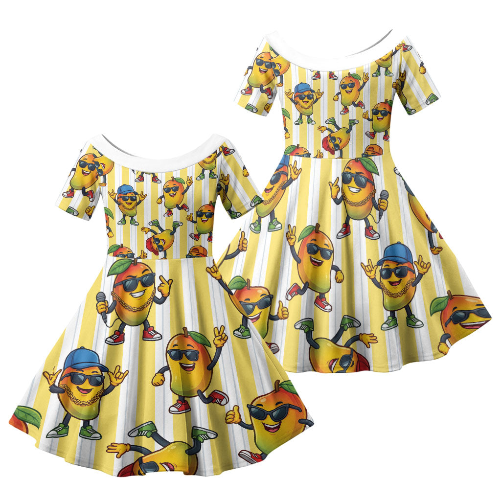 Funny Hawaii Mango Hip Hop Cartoon Family Matching Off Shoulder Short Dress and Hawaiian Shirt Summer Beach Party LT19 Daughter's Dress Yellow - Polynesian Pride