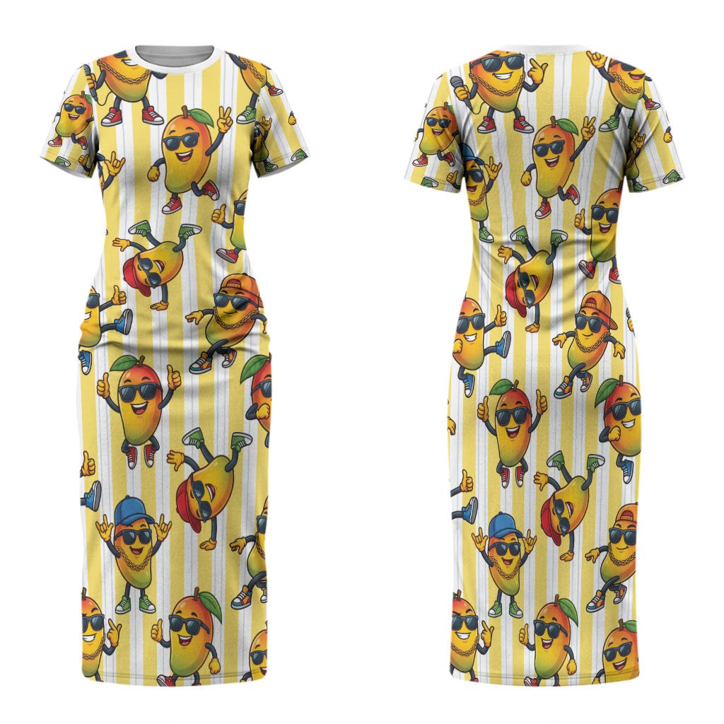 Funny Hawaii Mango Hip Hop Cartoon Family Matching Short Sleeve Bodycon Dress and Hawaiian Shirt Summer Beach Party LT19 Mom's Dress Yellow - Polynesian Pride