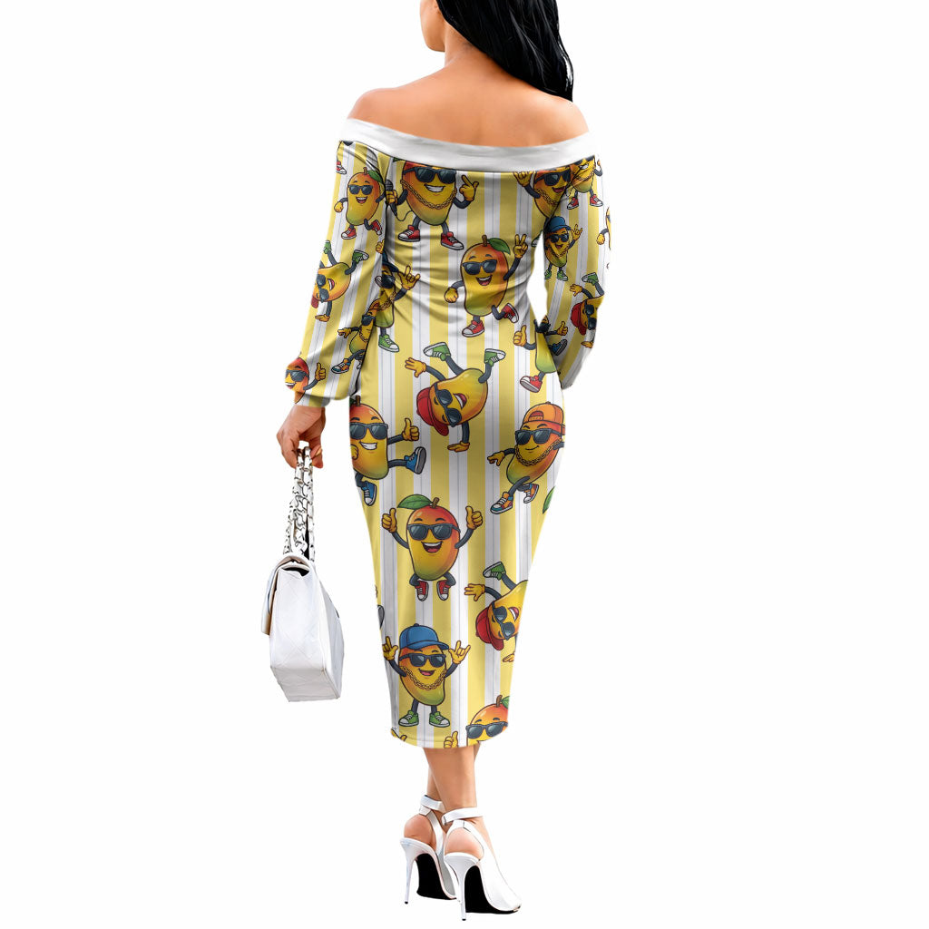 Funny Hawaii Mango Hip Hop Cartoon Off The Shoulder Long Sleeve Dress Summer Beach Party