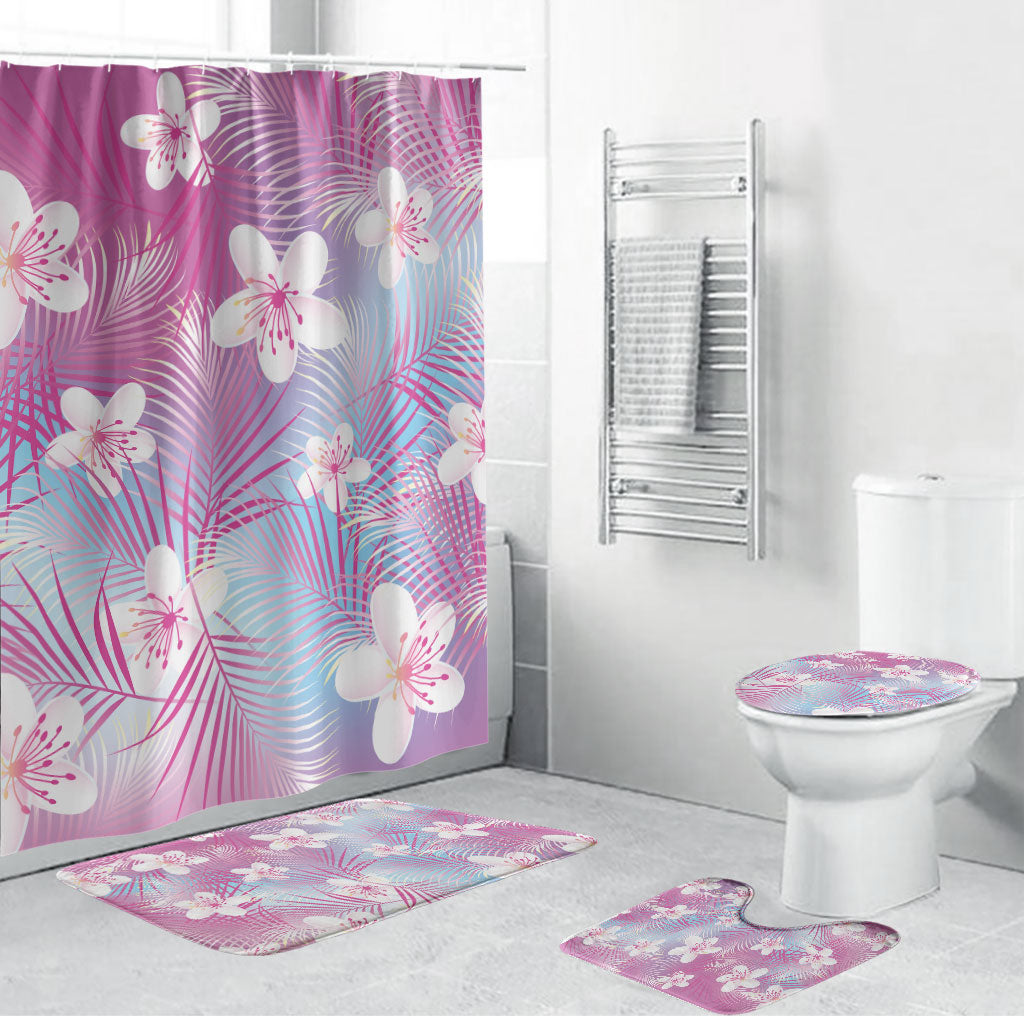 Pink Aloha Hawaiian Bathroom Set Tropical Flower Palm Leaf Pattern LT19 Bathroom Set (4 pcs) Pink - Polynesian Pride