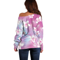 Pink Aloha Hawaiian Off Shoulder Sweater Tropical Flower Palm Leaf Pattern LT19 - Polynesian Pride