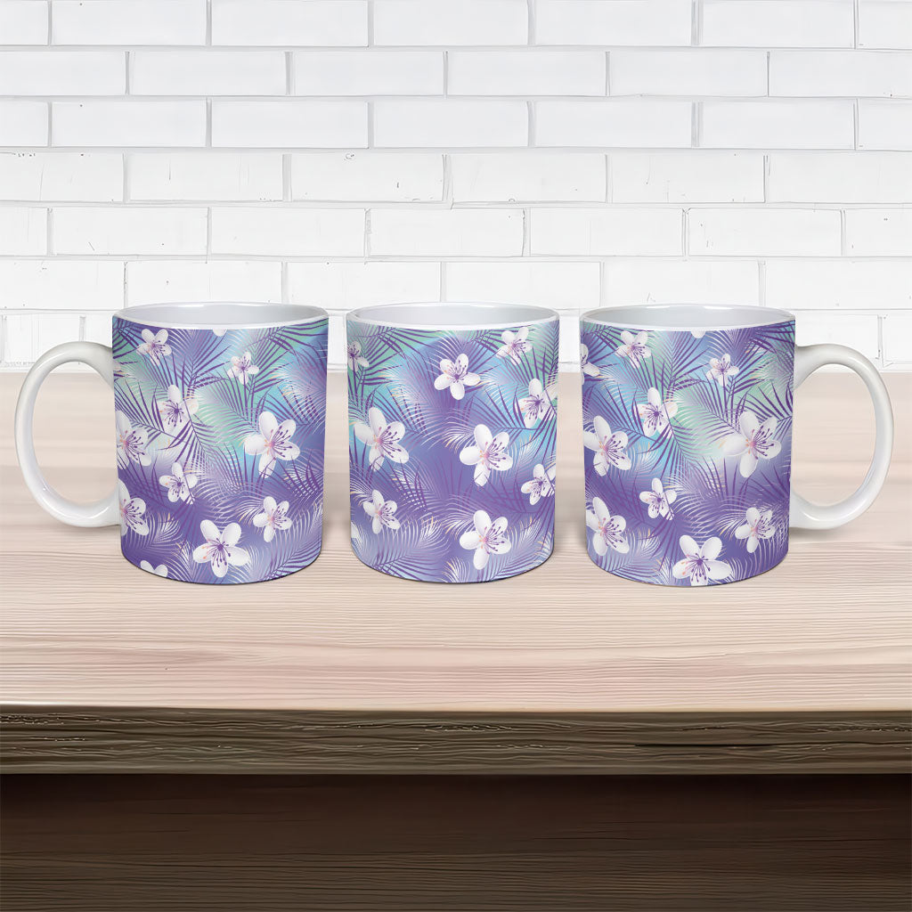 Purple Aloha Hawaiian Ceramic Mug Tropical Flower Palm Leaf Pattern LT19 - Polynesian Pride