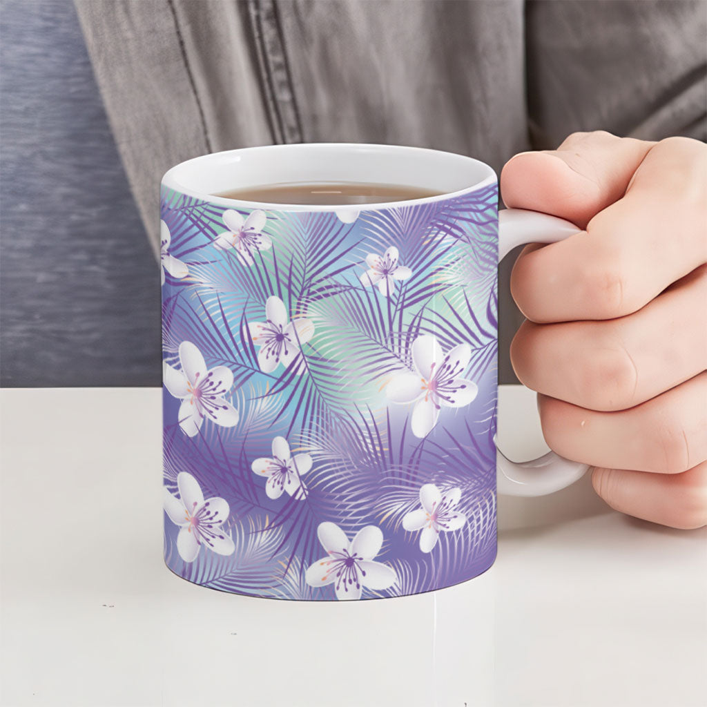 Purple Aloha Hawaiian Ceramic Mug Tropical Flower Palm Leaf Pattern LT19 - Polynesian Pride
