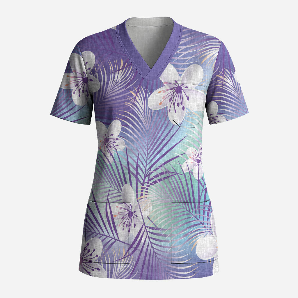 Purple Aloha Hawaiian Scrub Top Tropical Flower Palm Leaf Pattern LT19 Adult Purple - Polynesian Pride