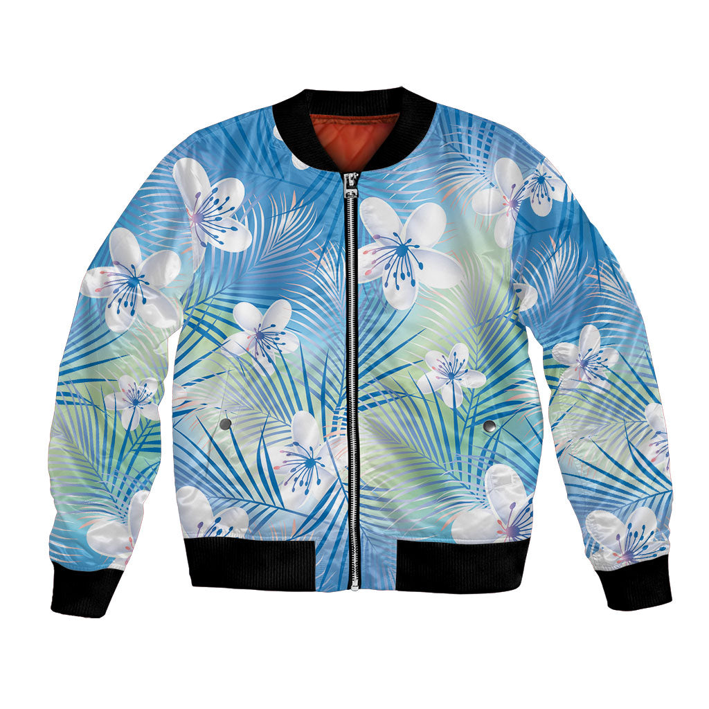 Blue Aloha Hawaiian Bomber Jacket Tropical Flower Palm Leaf Pattern LT19 Unisex Blue - Polynesian Pride